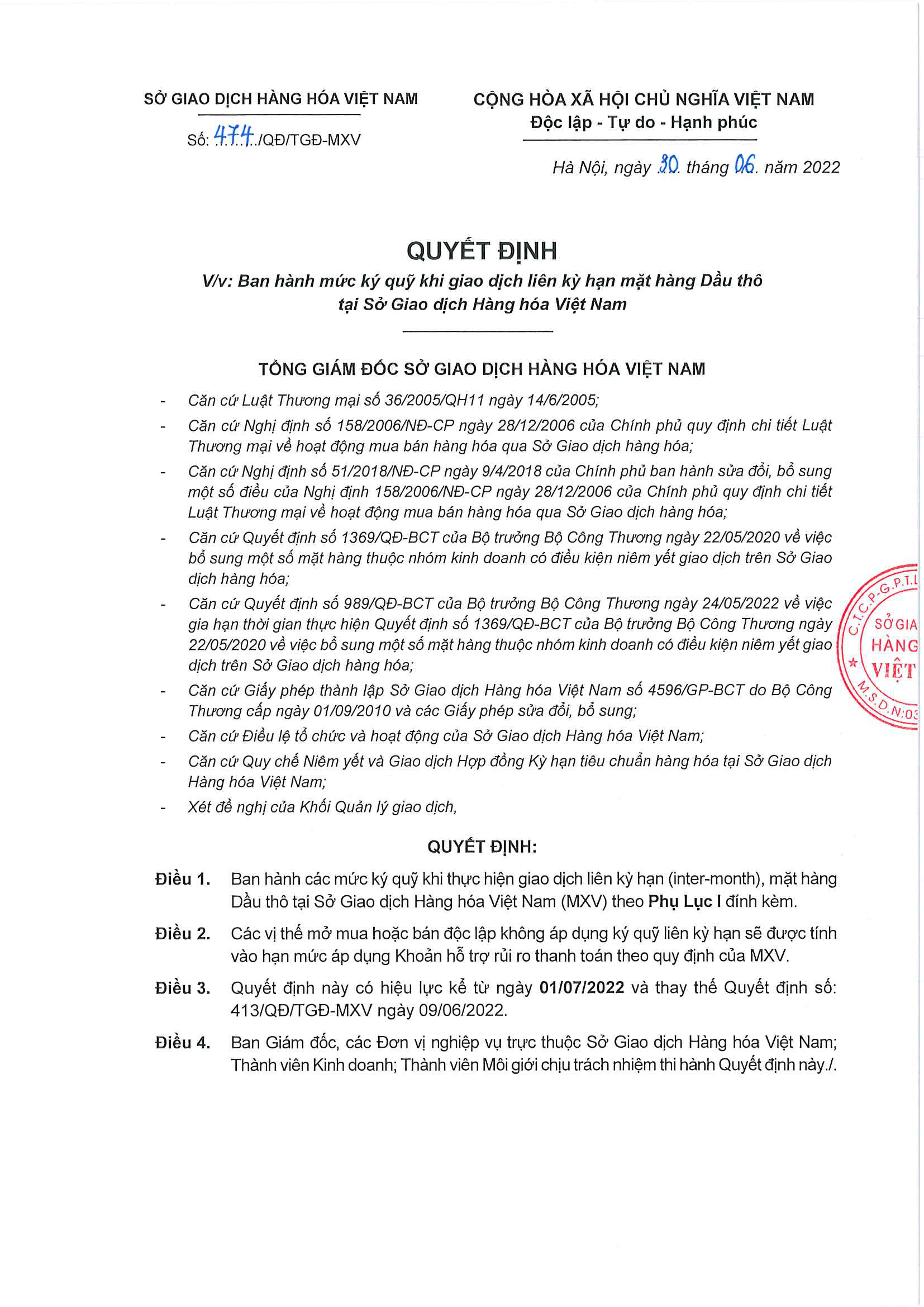 Thông Báo Ban Hành Mức Ký Quỹ Khi Giao Dịch Liên Kỳ Hạn Mặt Hàng Dầu Thô Ngày 01/07/2022