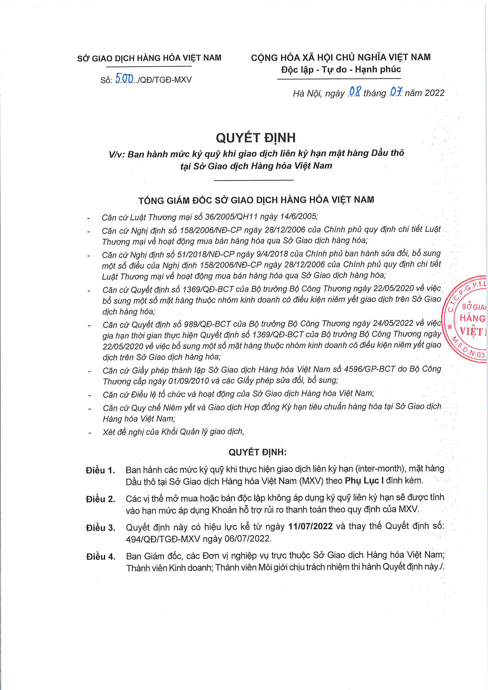 Ban Hành Mức Ký Quỹ Khi Giao Dịch Liên Kỳ Hạn Mặt Hàng Dầu Thô Ngày 11/07/2022